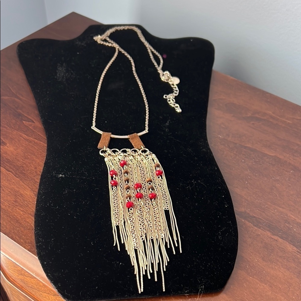 White House Black Market Elegant Gold and Red Fringe Necklace